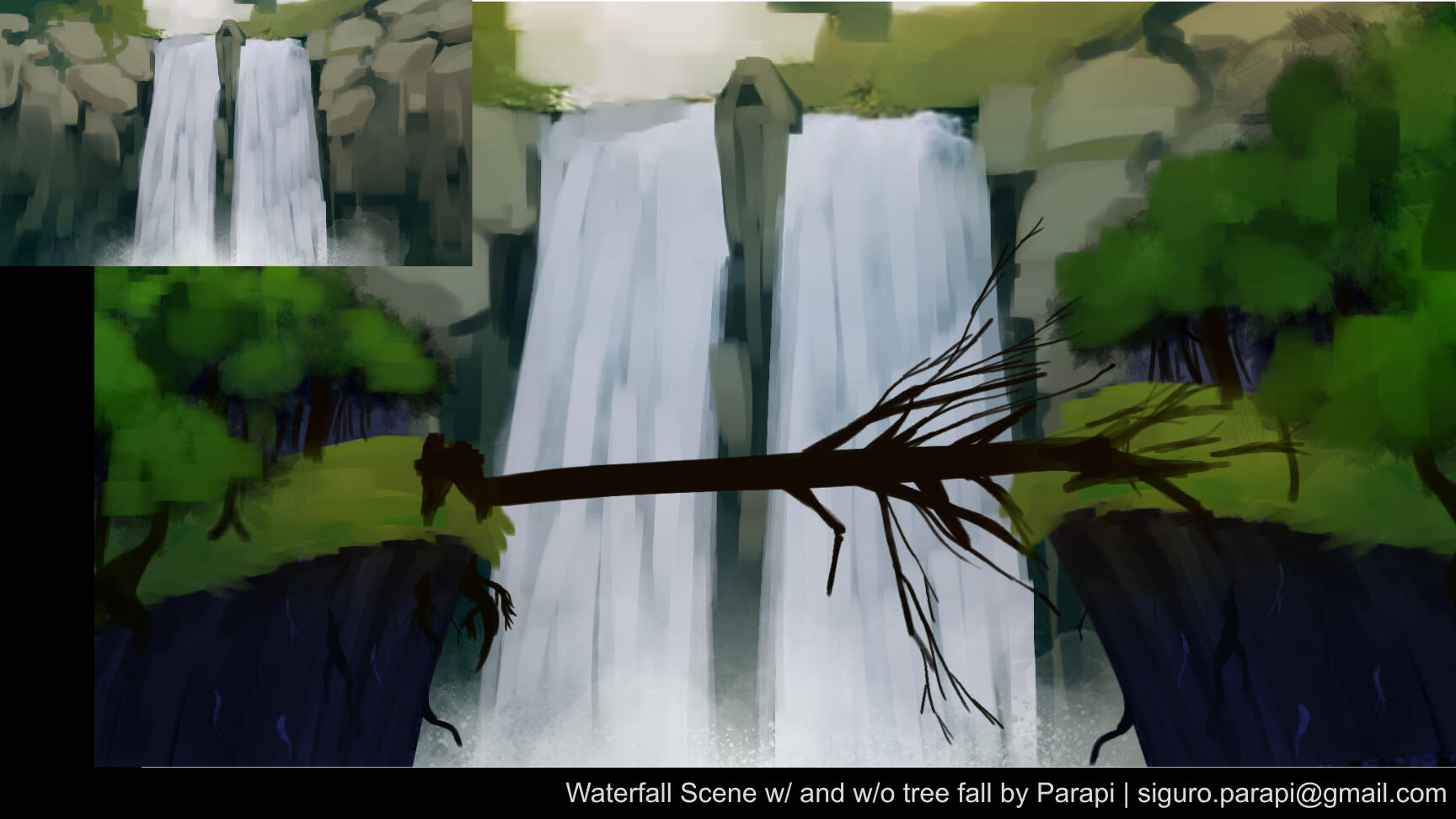 Waterfall Scene w/ and w/o tree fall